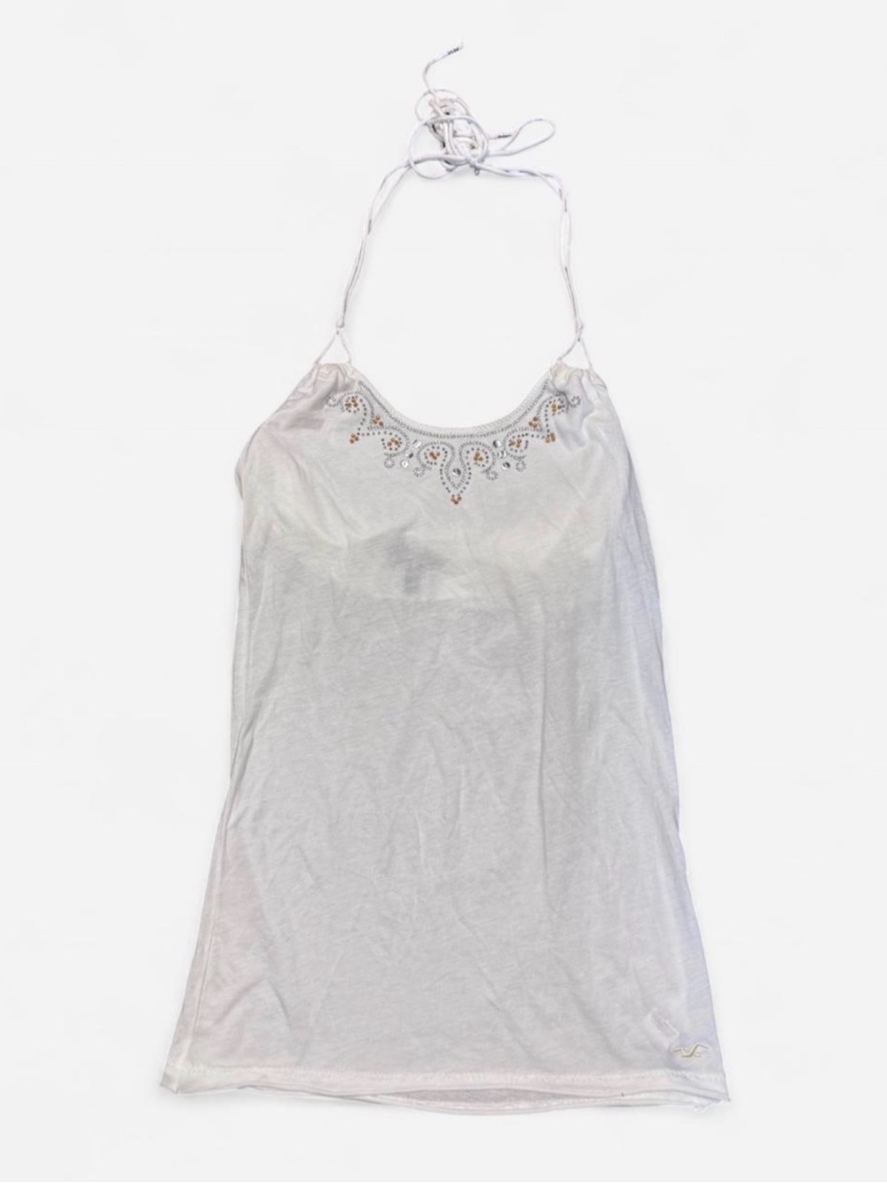 Y2K Hollister White Halter Neck Tank with Rhinestone Embellishment